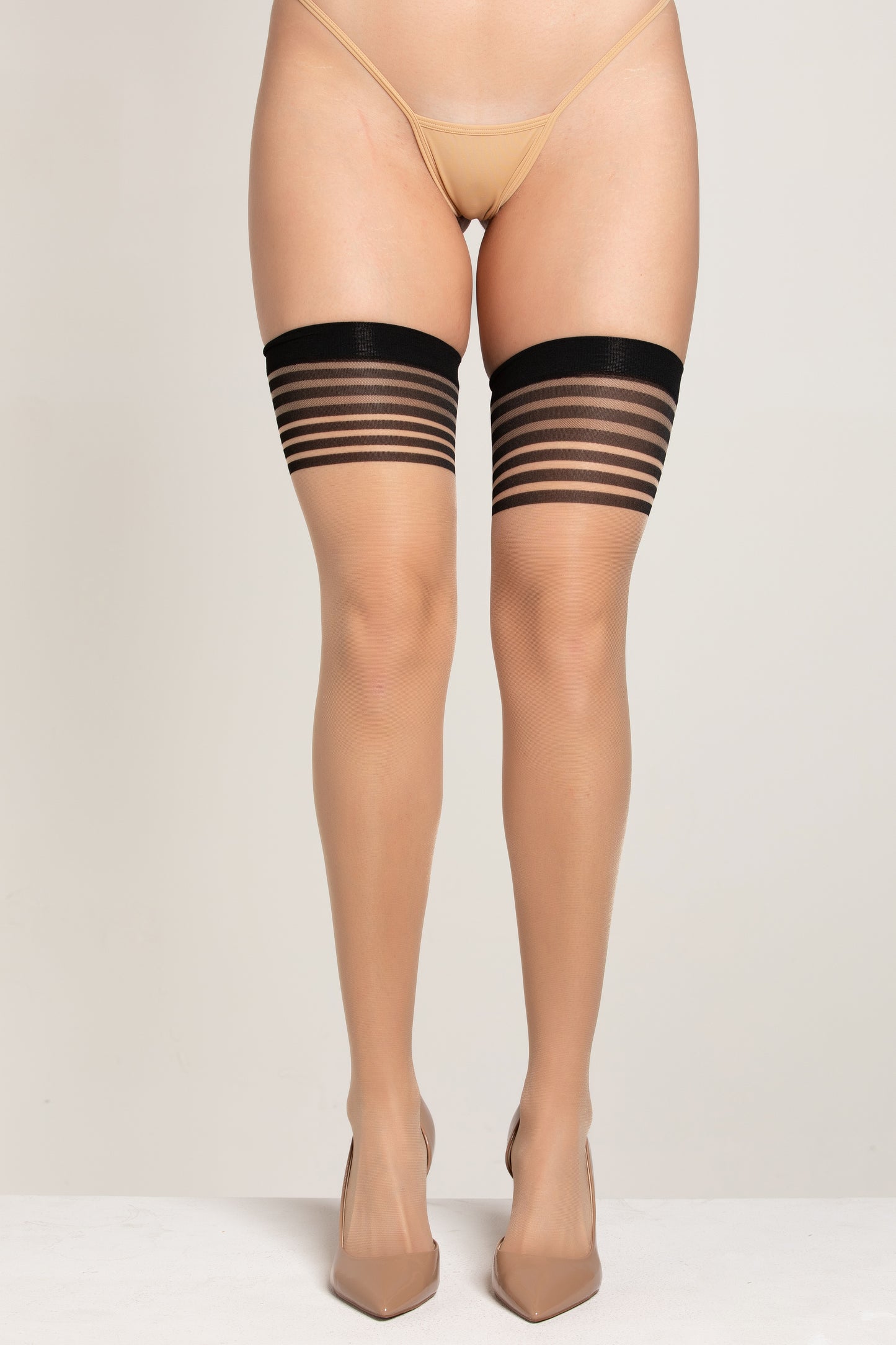Multi-Striped Thigh High Stockings, Black and Nude Thigh High Stockings - AlicePrin.com