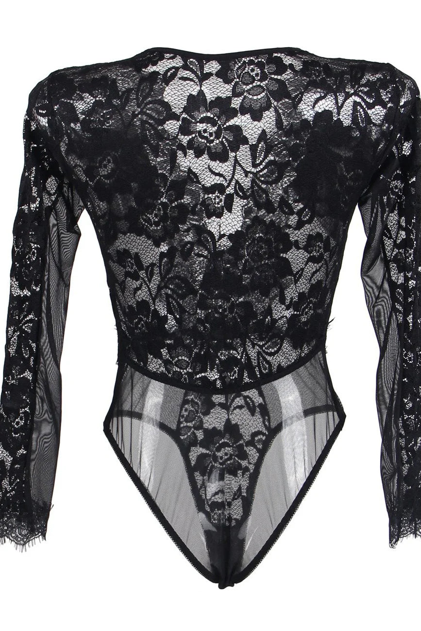 Plus Size Avec Amour Teddy, Plus Size Long Sleeve Lace Teddy - AlicePrin.com