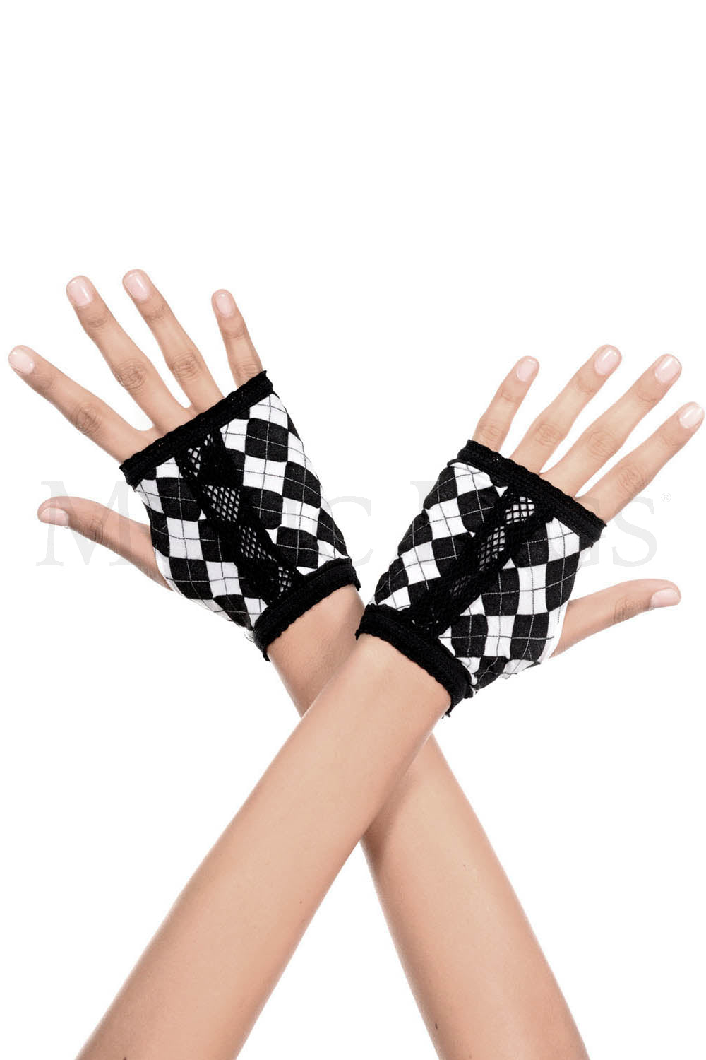 Fingerless Harlequin Gloves, Black and White Checkered Gloves - AlicePrin.com