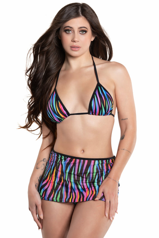 Rainbow Zebra Festival Skirt Set, Zebra Festival Bikini Set - AlicePrin.com