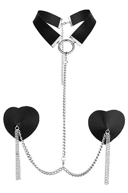 Dominatrix Leather Collar and Pasties Set, Collar and Pasties Chain - AlicePrin.com