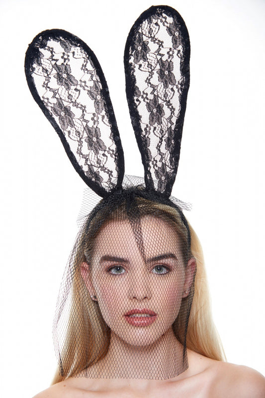 Lace Bunny Ears with Veil, Black Lace Bunny Ear Headband - AlicePrin.com