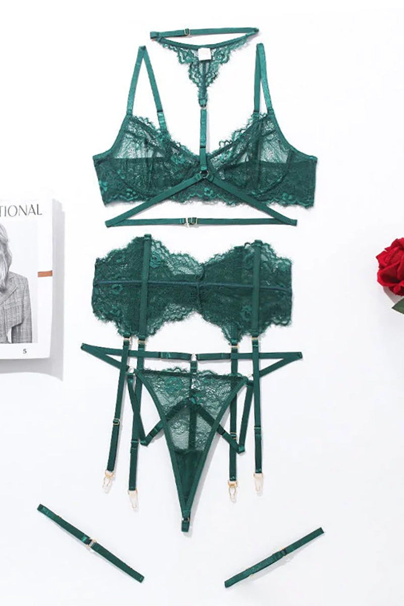 True Amour Bra and Garter Set, Green Lace Bra Set - AlicePrin.com