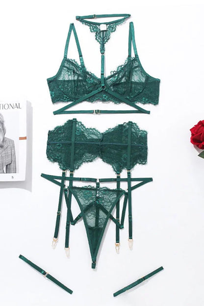 True Amour Bra and Garter Set, Green Lace Bra Set - AlicePrin.com