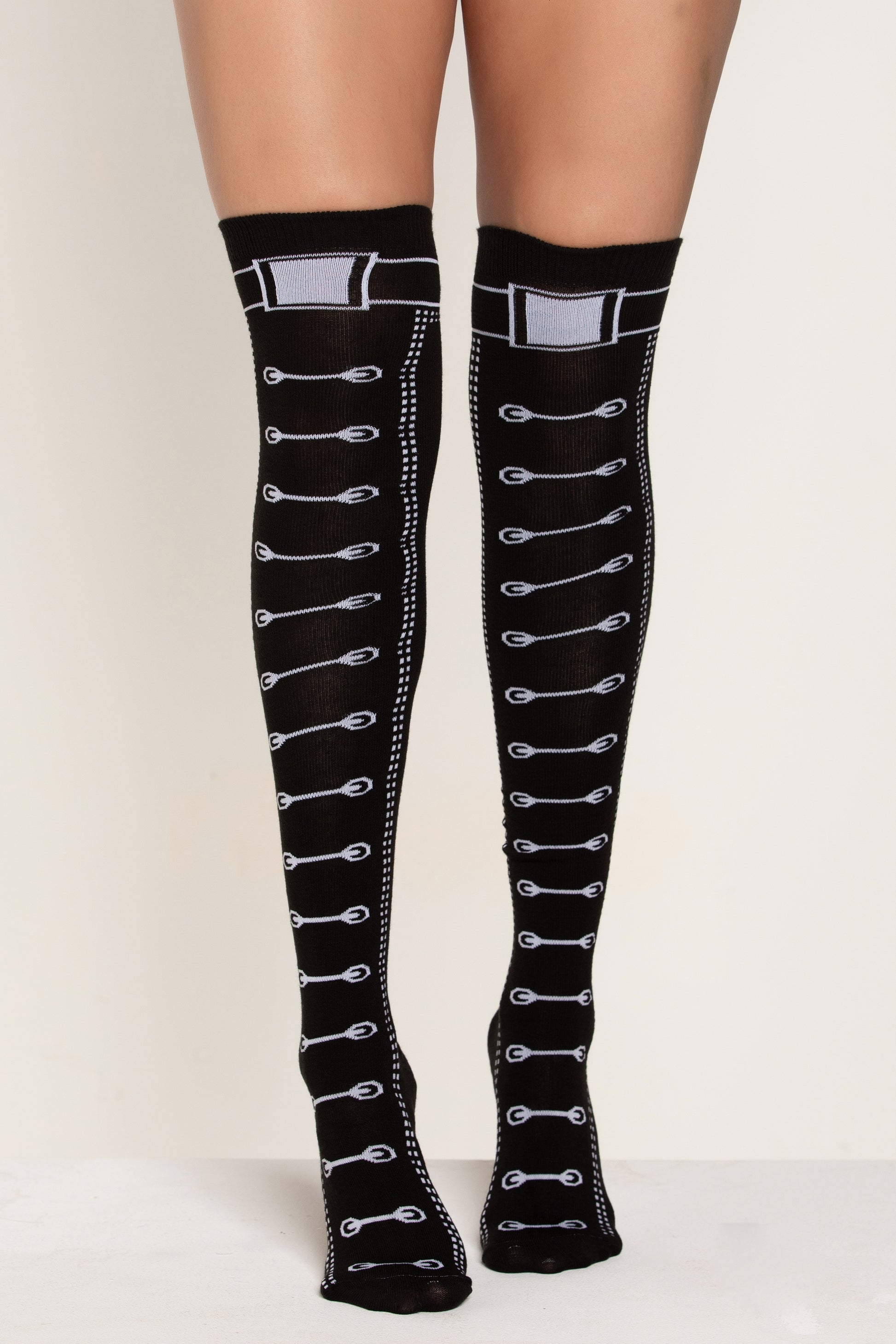 Illusion Laced and Stars Thigh High Stockings, Lace-Up Thigh High Stockings - AlicePrin.com