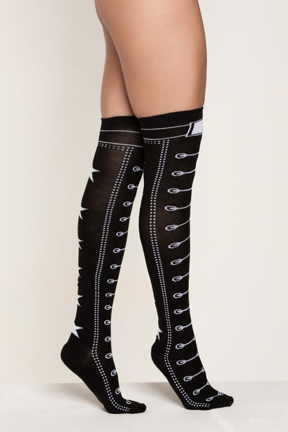Illusion Laced and Stars Thigh High Stockings, Lace-Up Thigh High Stockings - AlicePrin.com