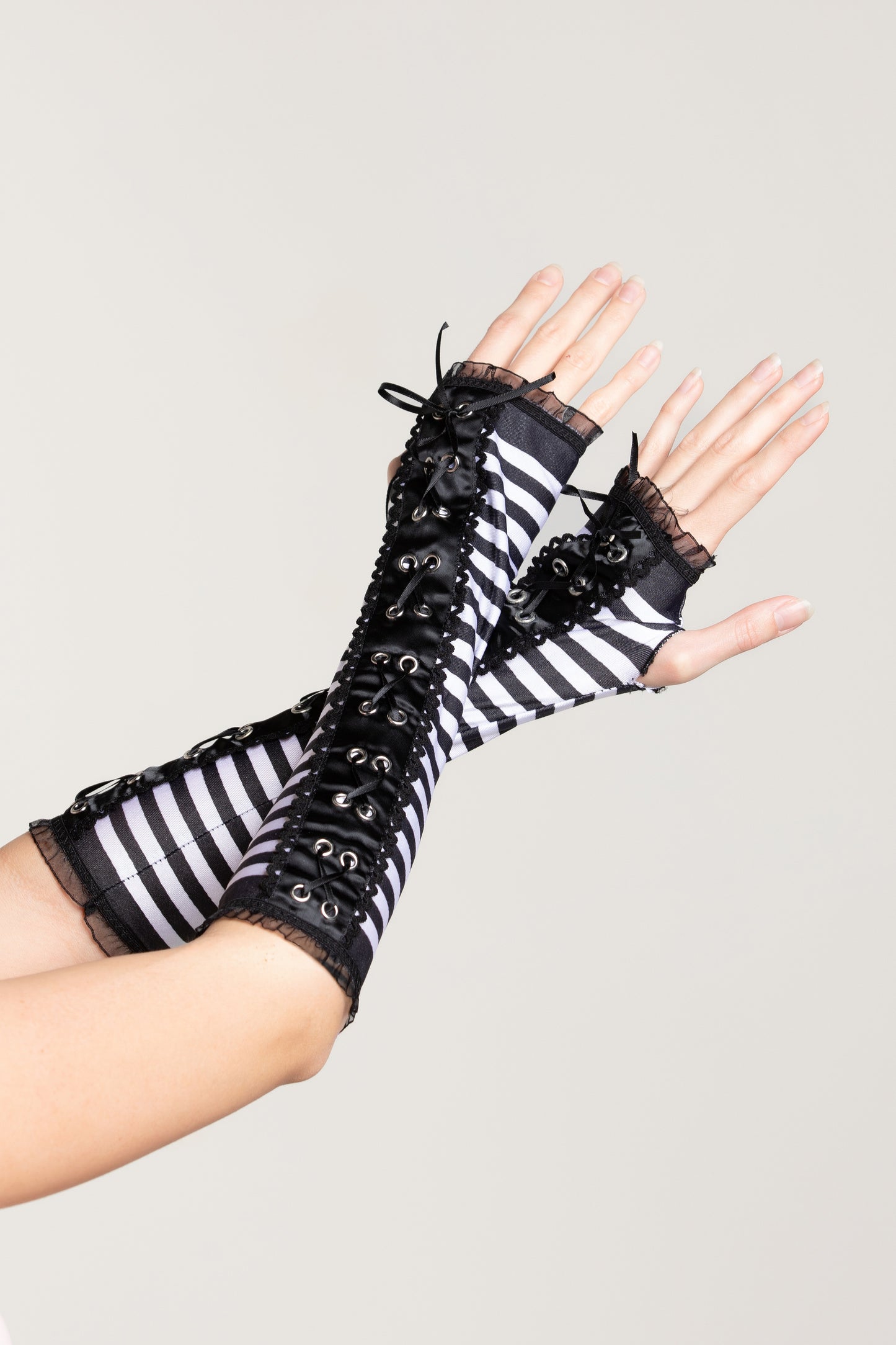Fingerless Striped Gloves, Lace-Up Fingerless Gloves - AlicePrin.com
