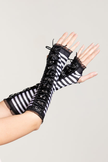 Fingerless Striped Gloves, Lace-Up Fingerless Gloves - AlicePrin.com
