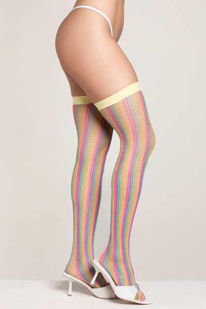 Pastel Rainbow Fishnet Thigh High Stockings