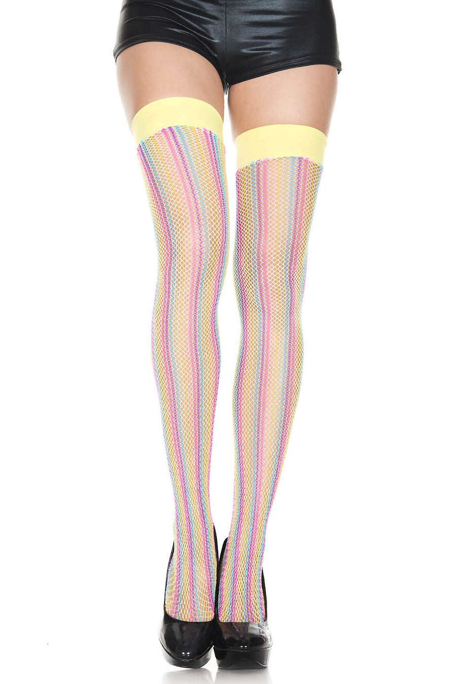 Pastel Rainbow Fishnet Thigh High Stockings, Rainbow Thigh High Stockings - AlicePrin.com
