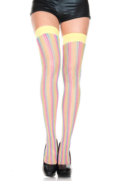 Pastel Rainbow Fishnet Thigh High Stockings, Rainbow Thigh High Stockings - AlicePrin.com