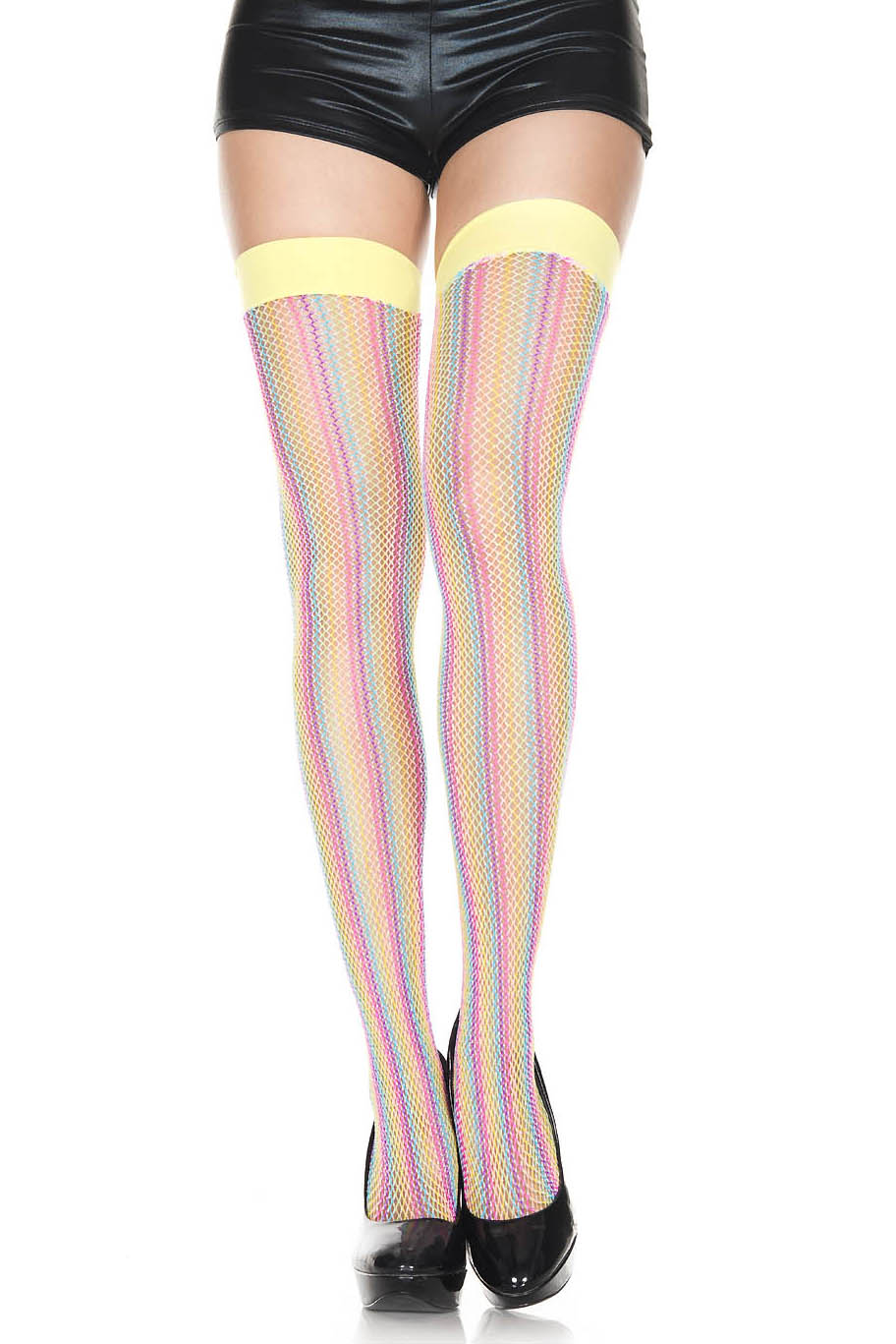 Pastel Rainbow Fishnet Thigh High Stockings, Rainbow Thigh High Stockings - AlicePrin.com