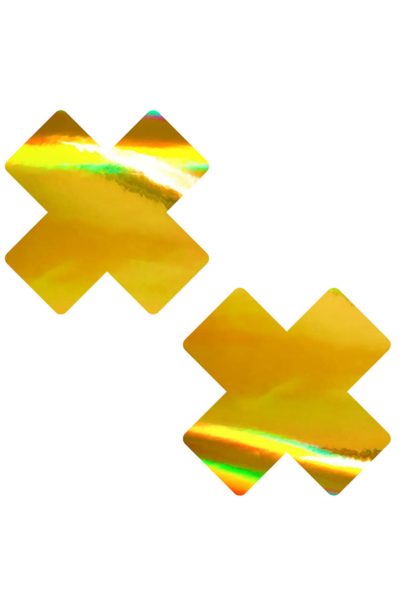 Golden Goddess Holographic X Pasties, Gold Cross Pasties, Gold X Nipple Pasties - AlicePrin.com