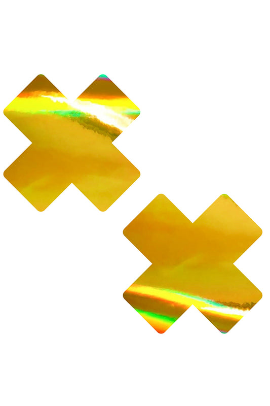 Golden Goddess Holographic X Pasties, Gold Cross Pasties, Gold X Nipple Pasties - AlicePrin.com