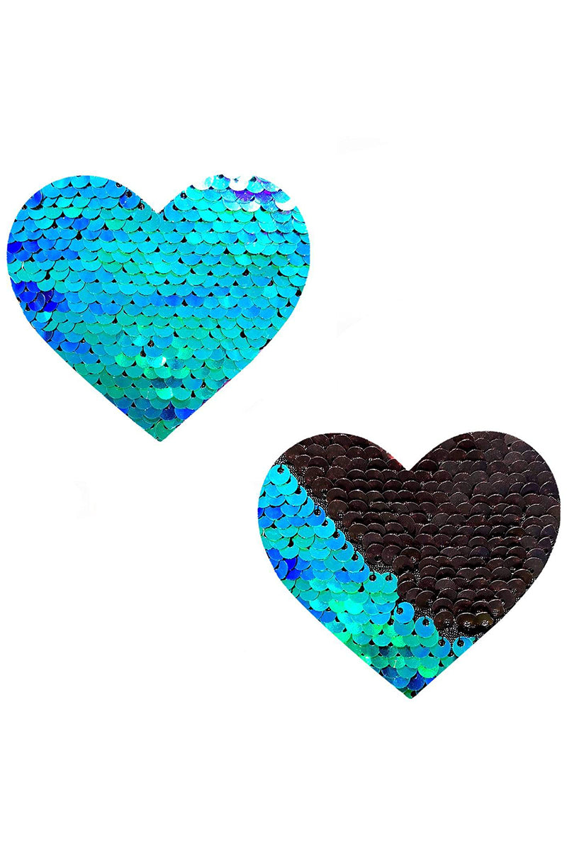 Ariel Green and Black Sequin Heart Pasties, Flip Sequin Heart Pasties, Heart Sequin Nipple Pasties - AlicePrin.com