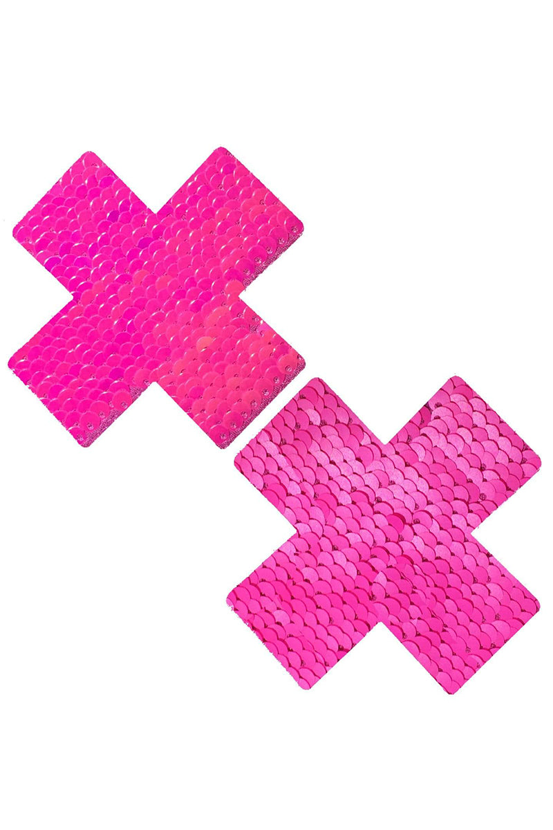 Aurora Pink Sequin X Pasties, Pink Flip Sequin Cross Pasties, Pink Sequin X Nipple Pasties - AlicePrin.com