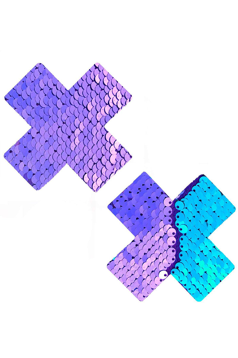 Jasmine Lilac and Turquoise Sequin X Pasties, Flip Sequin Cross Pasties, Sequin X Nipple Pasties - AlicePrin.com