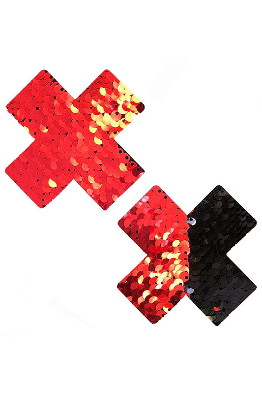 Sookie Red and Black Sequin X Pasties, Sequin Cross Pasties, Sequin X Nipple Pasties - AlicePrin.com