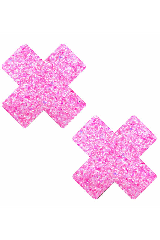 Super Sparkle Hubba Bubba Pink Glitter X Pasties, Pink Glitter Cross Pasties, Pink Glitter Nipple Pasties - AlicePrin.com
