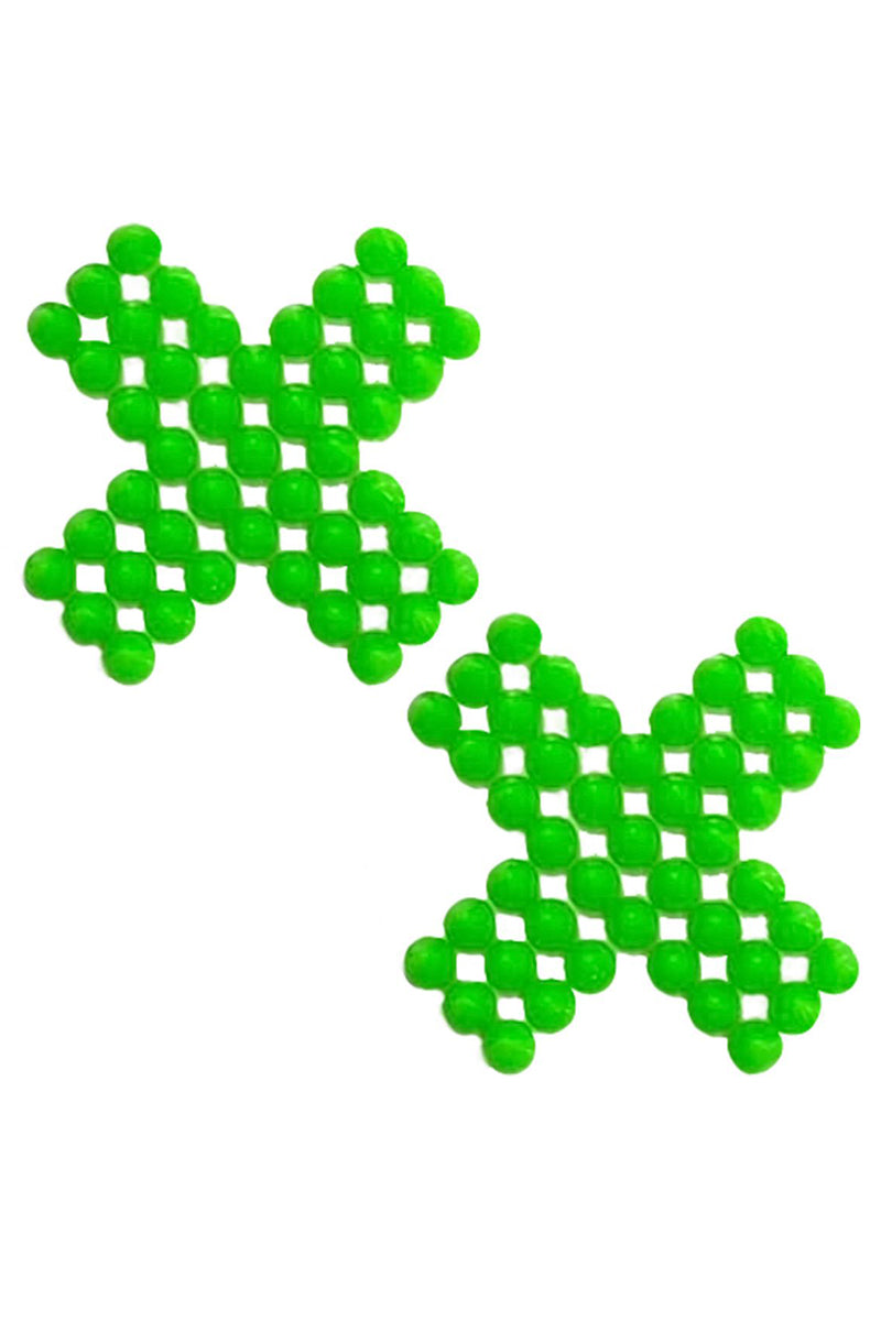 Toxic Nightmare Neon Green Stud X Pasties, Neon Green Stud Cross Pasties, Green Stud X Nipple Pasties - AlicePrin.com