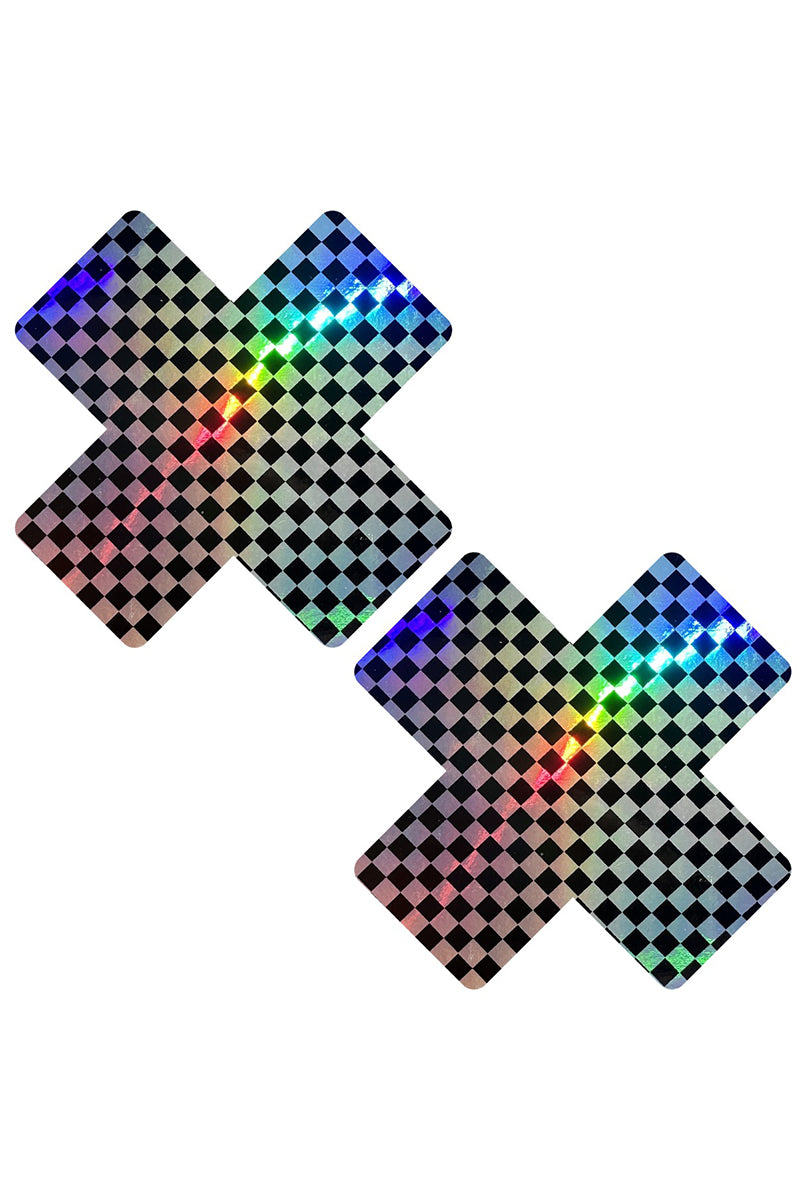 Talladega Trippin' Holographic Checkered X Pasties, Checkered Cross Pasties, Checkered X Nipple Pasties - AlicePrin.com