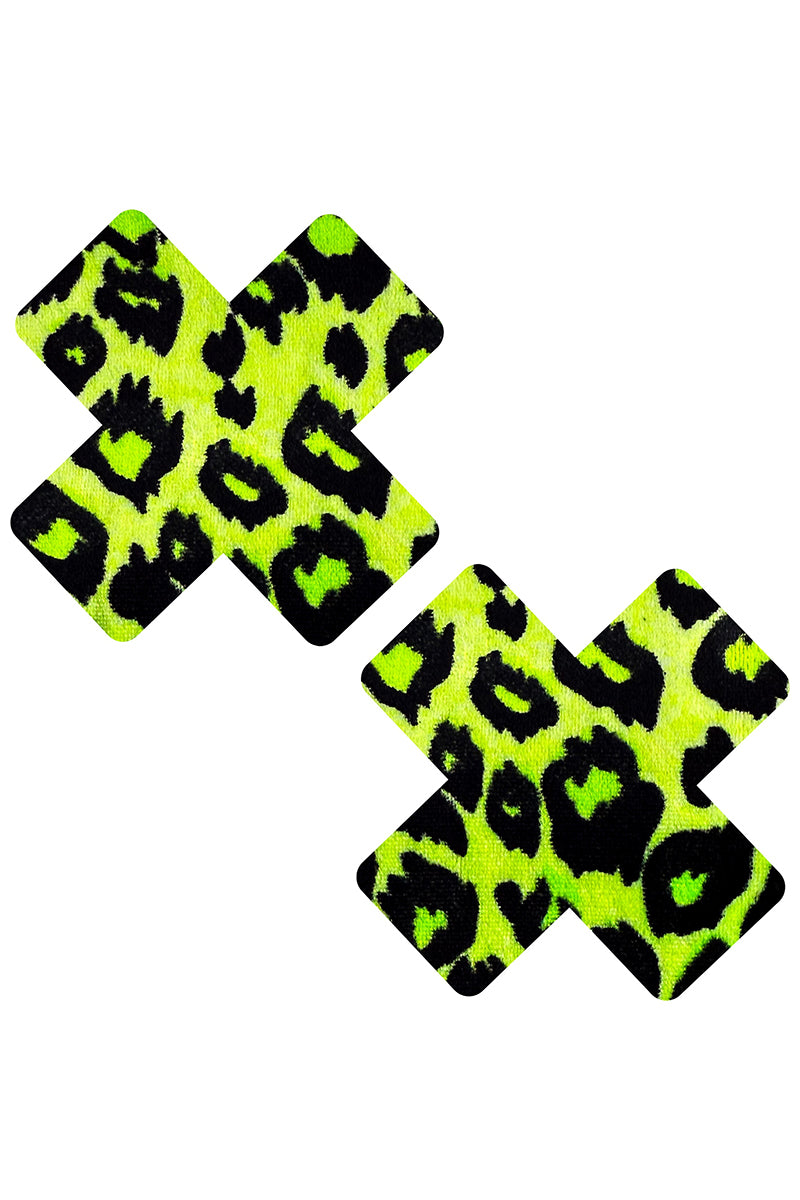 Toxic Cheater Neon Green X Pasties, Velvet Leopard Cross Pasties, Leopard X Nipple Pasties - AlicePrin.com