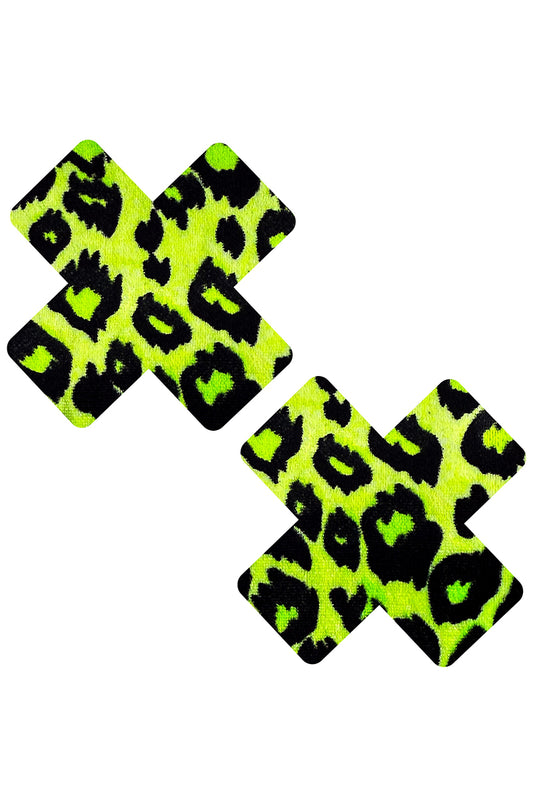 Toxic Cheater Neon Green X Pasties, Velvet Leopard Cross Pasties, Leopard X Nipple Pasties - AlicePrin.com