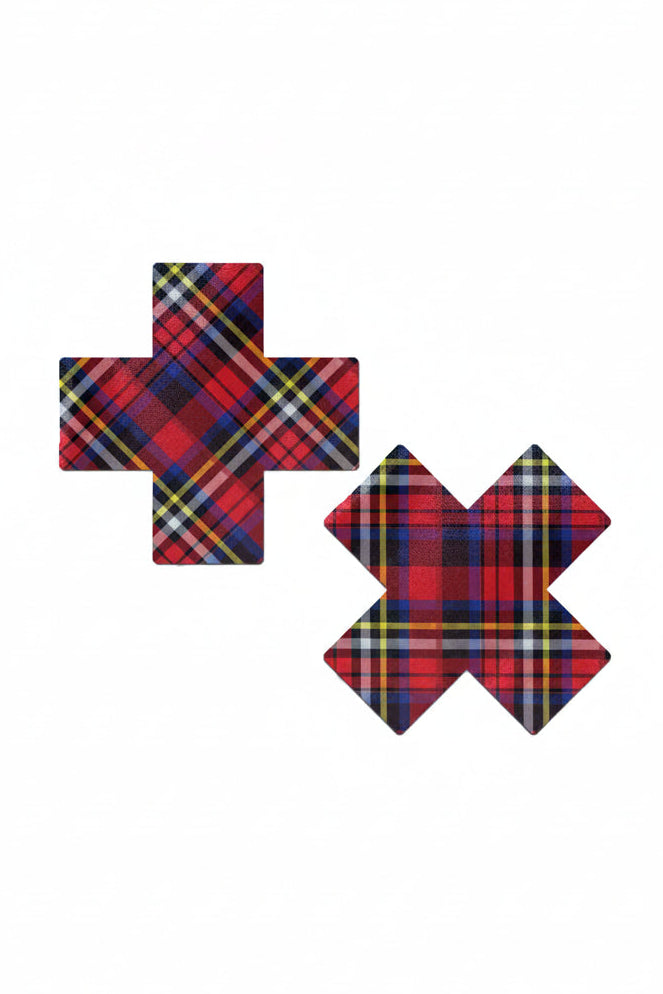 Red Punk School Girl Pasties, Red Plaid Cross Pasties, Red Plaid X Pasties - AlicePrin.com