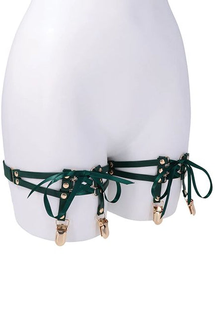 Indica Laced Up Leg Garters, Green Leg Garters - AlicePrin.com