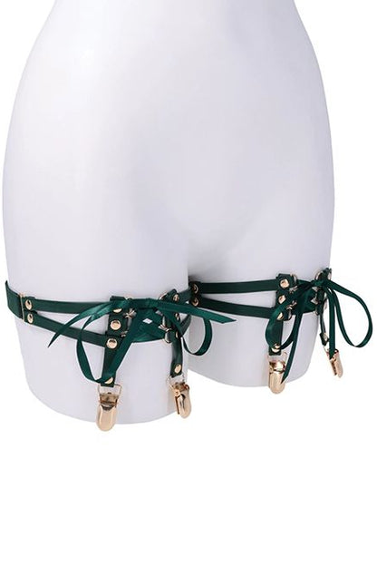 Indica Laced Up Leg Garters, Green Leg Garters - AlicePrin.com